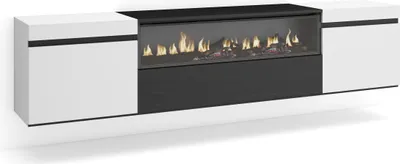 Produktbild von TV-Schrank, Lowboard, für Wohnzimmer und Esszimmer, 200x35x45cm, Für TV-Geräte bis zu 80", Elektrokamin, Hängend, Moderner Stil, Weiß und Schwarz