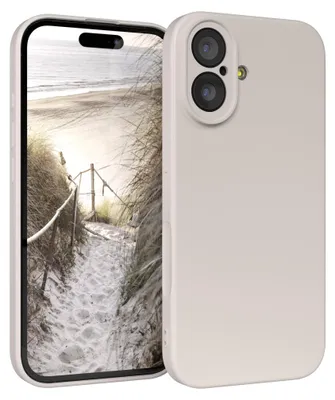 A phone case is shown in front of a phone screen displaying a beach scene.