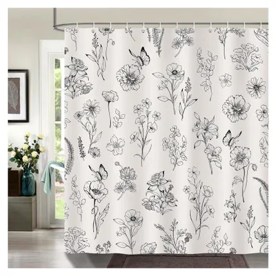 Produktbild von Duschvorhang mit Blumenmuster in Schwarz-Weiß, 180 x 180 cm, wasserdicht und schimmelresistent