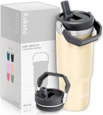 Produktbild von Kuketo | Thermobecher 890 Ml Creme – Isolierter Reisebecher Für Kaffee & Tee – Doppelwandiger Edelstahl Thermosbecher, Auslaufsicher & Langlebig