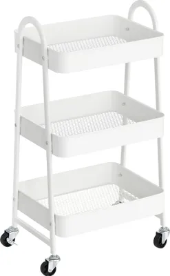 A white three-tiered rolling cart with mesh shelves and wheels.