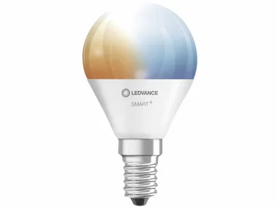 A smart LED light bulb with a white base and a globe that displays two different colors of light.