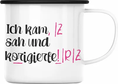 Produktbild von Trendation - Lehrerin Geschenk Emaille Tasse Spruch Grundschule Geschke Lustig für Lehrerinnen Abschied Geschenkidee Englisch Deutsch (Schwarz)