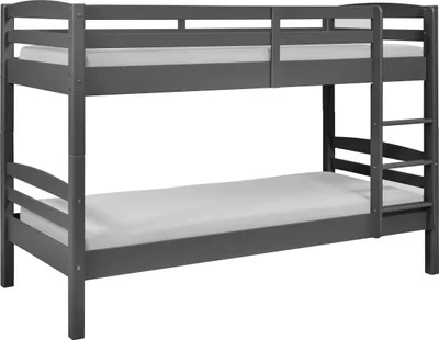 A grey wooden bunk bed with white mattresses, shown against a white background.