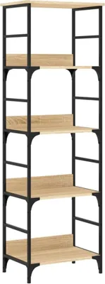 A tall, five-shelf bookcase with a black metal frame and light wood shelves against a white background.