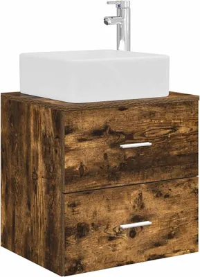 Produktbild von Waschbeckenunterschrank Hängend Geräucherte Eiche - Modernes Badmöbel Set mit Waschbecken, 49,5x41x63 cm Wandmontierter Waschtisch mit 2 Schubladen für Badezimmer und Gäste-WC
