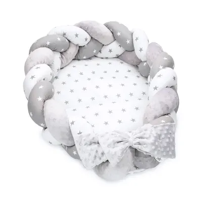 Produktbild von Hniezdo pre novorodencov Babynest - Zamatové plyšové hniezdočko s vrkočovým vankúšikom rozoberateľná súprava obojstranné hniezdo pre bábätko detská postieľka 75X45, hviezdy