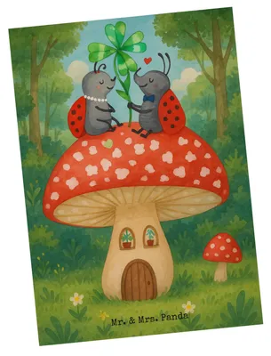 Produktbild von Mr. & Mrs. Panda Ansichtskarte Marienkäfer Fliegenpilz Design - Weiß - Geschenk, Zuhause, Lustige Sprüche, einzelkarte, Fotokarte, Haus, Grußkarte, Postkarte, Postkarten