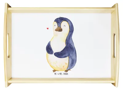 Produktbild von Mr. & Mrs. Panda Dekotablett Pinguin Diät - Weiß - Geschenk, serviertablett holz, Pinguine, Tablett, Selbstliebe, Servier, Bauch, Holztablett, Tee, Abnehmen
