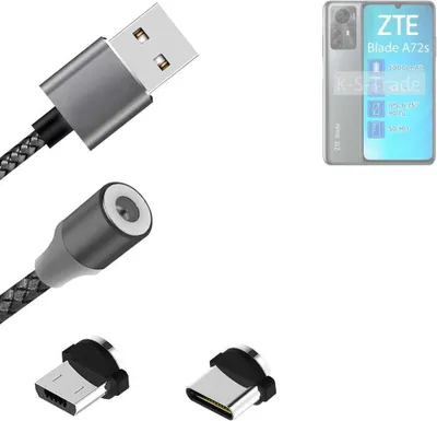 Produktbild von K-S-Trade Hochwertiges Magnet-Lade-kabel Sync-Kabel Daten-Kabel für ZTE Blade A72s mit USB-Typ-C-Anschluss und Micro-USB-Anschluss 2A bis zu 480mbps