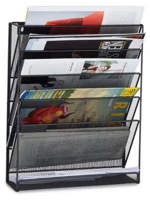 Zeitschriftenhalter Wand, 6 Fächer, A4, Schwarz, Metall