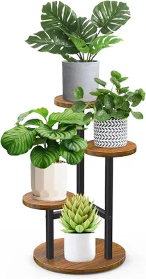 Produktbild von Famanu Pflanzenregal 3-stufig mit Holz-Metall-Konstruktion - Eckregal für Pflanzen