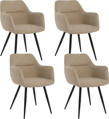Four beige chairs with black legs arranged in a two-by-two grid against a white background.
