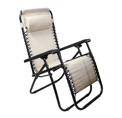 A beige and black zero gravity chair against a white background.