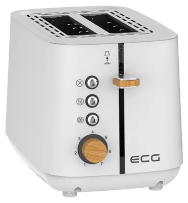 A white ECG toaster with wood accents, shown from a slightly elevated front-left angle against a white background.