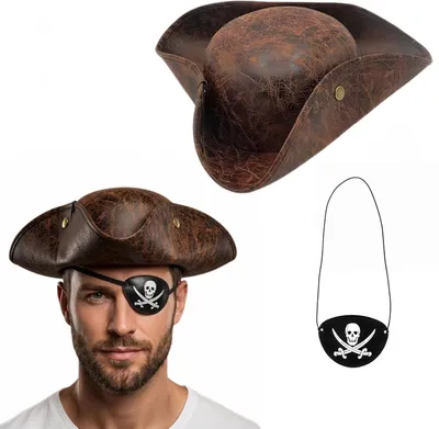 Zdjęcie produktu dla Czapka piracka i opaska na oko, zestaw 2-częściowy, brązowa, sztuczna skóra, idealna na Halloween