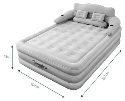 Produktbild von Camping Luftbett - Aufblasbare Doppelbett Matratze 203x152x48 cm - Mit Rückenlehne - 2 Personen - Flockige PVC-Oberfläche - 48 cm hoch - Grau