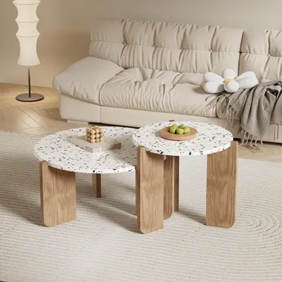 Image de MODFU Ensemble de Tables Bassse - Tables Gigognes Modernes - Structure MDF Solide - Bois Naturel et Blanc - 70x70x35 + 50x50x45,5 cm