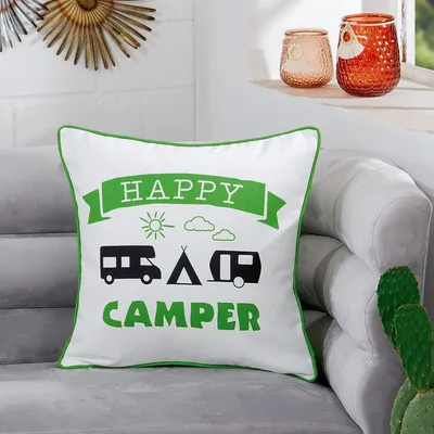 Produktbild von Gilde Kissen, quadratisch, "Happy Camper", Schriftzug, Wohnwagenmotiv, Polyester, grün, weiß, VE 3, B. 45 cm, H. 45 cm 44283 4063387442838