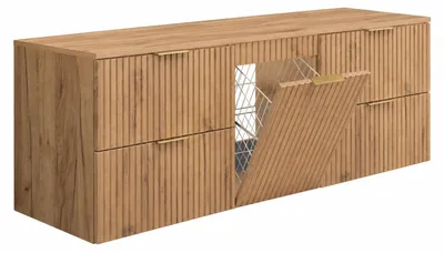 Produktbild von Hängender Waschbeckenunterschrank mit Wäschekorb, Eiche Craft, Griffe Schwarz, 160 x 46 x 57 cm, KI-generiertes Bild