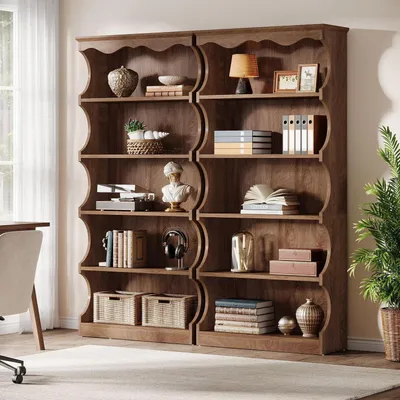 Image de Étagère bibliothèque, 178 cm de hauteur, 6 étagères, design incurvé, aspect bois vintage, couleur marron, dimensions : 80 x 30 x 178 cm