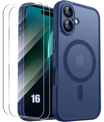 Image de Coque + 2 Verres Trempés pour iPhone 16 avec Anneau Magnétique et Protection Caméra Antichoc - Bleu Marine