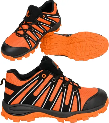 A collage of three views of a pair of orange and black athletic safety shoes.