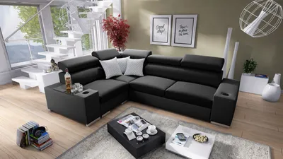 Produktbild von Ecksofa mit Schlaffunktion Eckcouch PERS II (Schwarz SAWANA 14 + schwarzes Kunstleder, Links)