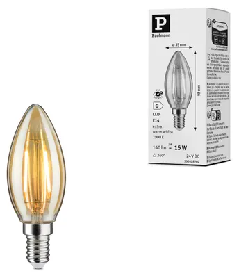 Immagine prodotto di Candela a LED, tecnologia a filamento, attacco E14, 24V, 140 lumen, 2W, 1900K, dimmerabile, colore oro