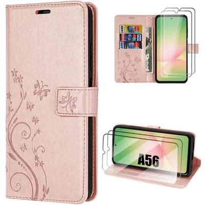 Image de Coque + 2 Verres Trempés pour Samsung Galaxy A56 5G, Cuir Synthétique Rose Motif Papillon Plante avec Porte-Cartes