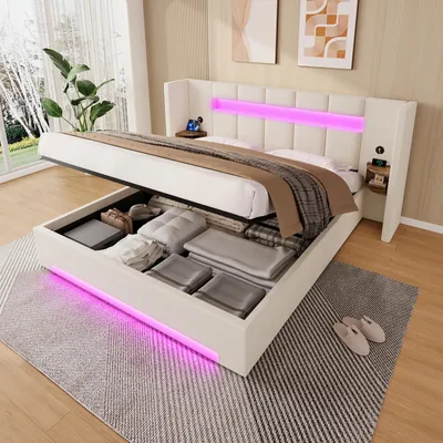Obrázek produktu pro MODFU manželská postel 160×200 s matrací LED osvětlením a USB postel pro mládež se skříní čelo úložná postel s velkým úložným prostorem béžová