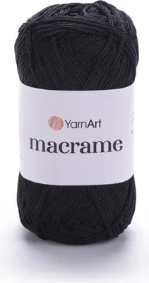 A ball of black macrame yarn on a white background.