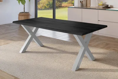 Produktbild von Esstisch 220x100 cm Baumkante Holz Grau-Optik X-Gestell Metall silber JULIUS