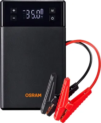 A black OSRAM battery starter with jumper cables attached.