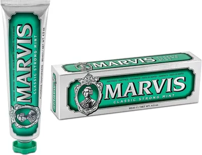 A tube of Marvis Classic Strong Mint toothpaste and its box are displayed against a white background.