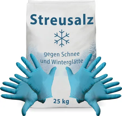 Produktbild von Streusalz/Auftausalz grobkörnig 25 kg + 2 paar Einweg Nitril-Handschuhe