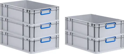 Produktbild von SuperSparSet 5x Eurobox NextGen Color | HxBxT 17x40x60cm | 34 Liter | Griffe blau geschlossen | Glatter Boden | Grau | Eurobehälter, Transportbox, Transportbehälter, Stapelbehälter