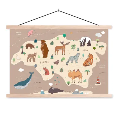 Obrázek produktu pro MuchoWow® Textilní plakát - Mapa světa - Hnědá - Zvířata - Chlapci - Dívky - 60x40cm - S hnědými lamelami