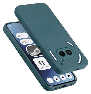 A teal silicone phone case is shown on top of a smartphone.