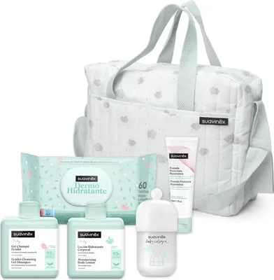 Obrázek produktu pro Suavinex, Dětský vozík s kosmetikou: Gelový šampon Syndet 300 ml + Hydratační mléko 300 ml + Mast 75 ml + Dětská kolínská voda 100 ml + Ubrousky 72 kusů Mint Blue bag