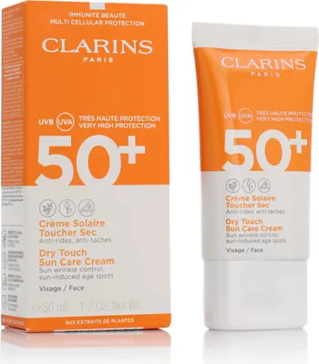 Zdjęcie produktu dla Clarins Dry Touch Sun Care 50+, Krem z filtrem przeciwsłonecznym, Twarz, Tubka, Nawilżający, Skóra uniwersalna, 50 ml