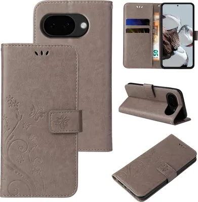 Produktbild von Handyhülle für Google Pixel 10a Floral Blumen Schmetterling Flip Cover Hülle Case Klapphülle Handytasche Farbe: Grau