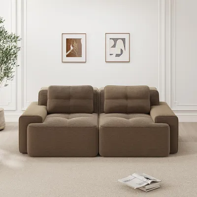Image de Canapé modulaire à deux places MODFU, modèle Cord, avec fonction convertible, grand canapé avec dossier incurvé, sans repose-pieds, canapé convertible, couleur marron