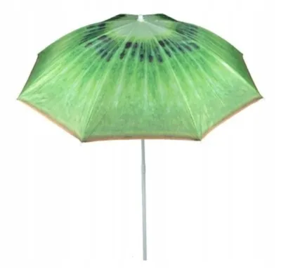 A close-up studio shot of a kiwi-patterned umbrella against a white background.