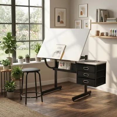 Productafbeelding van Tekenbureau met kruk, verstelbaar tekenbureau met tafelblad en 3 lades, wit
