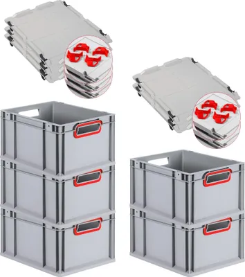 Produktbild von SparSet 5x Eurobox NextGen Color mit Auflagedeckel und Schiebeschnappverschlüsse | HxBxT 22x30x40cm | 20 Liter | Grau | Griffe rot offen | Glatter Boden | Eurobehälter, Transportbox, Transportbehälter, Stapelbehälter