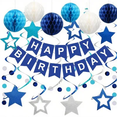 Image de Kit de décoration pour anniversaire, thème bleu marine, guirlande "Joyeux anniversaire" pour garçons et hommes