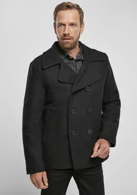 A man wearing a black pea coat.