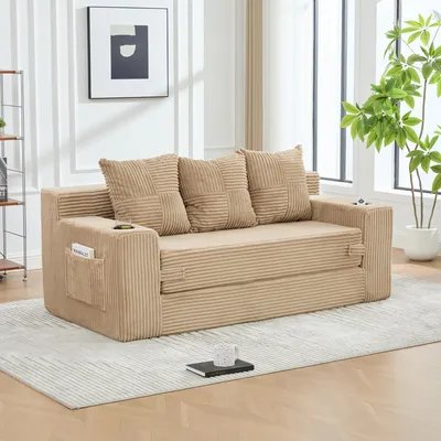 Produktbild von MODFU 3-Sitzer-Sofa Cord, Modulares Bodensofa, Relaxsofa mit Armlehnen und Getränkehaltern, großzügige Sitzfläche,Polstermöbel für Wohnzimmer,khaki