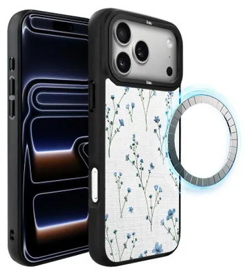 Zdjęcie produktu dla Etui do iPhone 17 Pro, kompatybilne z MagSafe, czarne matowe boki, niebieskie kwiaty